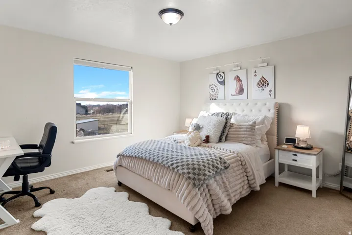 Neutral wall paint, carpeted flooring, a single window, and a flush-mount ceiling light fixture