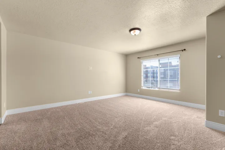 Neutral tone wall paint, textured ceiling, flush mount ceiling light, window with blinds, and neutral tone carpet