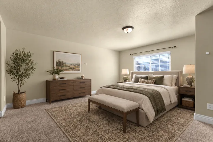 Carpeted flooring, recessed window with blinds, ceiling-mounted light fixture, and neutral wall tones
