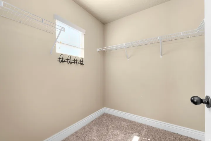 Built-in wire shelving, window with blinds, wall-mounted hooks, and carpet flooring