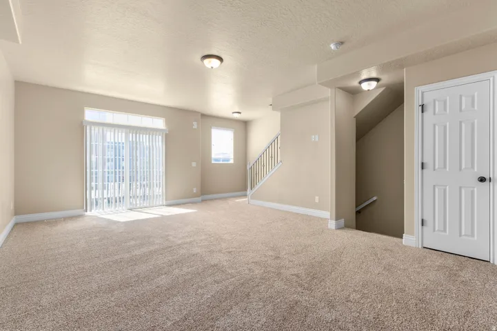 Carpeted living space featuring vertical blinds, natural light, and a white paneled door