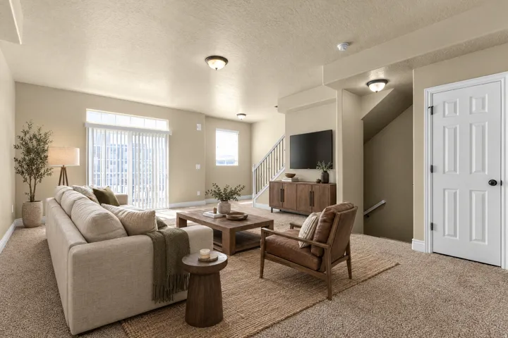 Expansive living area featuring light-toned walls, recessed lighting, and a large sliding glass door