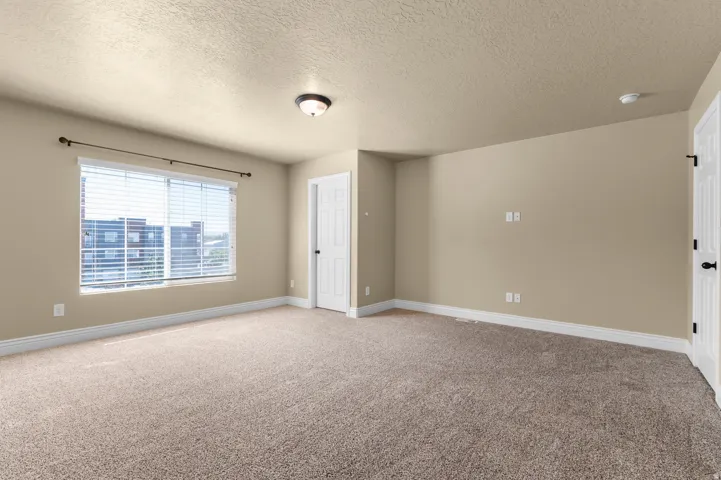 Expansive carpeted room featuring a large window with blinds, ceiling-mounted light fixture, and two panel doors