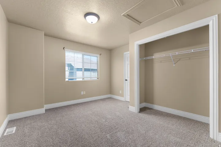 Neutral-toned carpeting paired with white trim, a built-in closet with shelving, and a flush mount light fixture