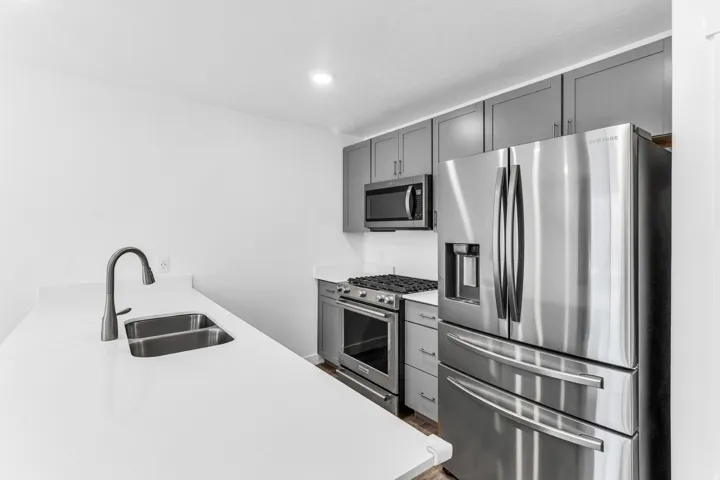 Quartz countertops, stainless steel appliances, dual basin sink, gray cabinetry, and recessed lighting