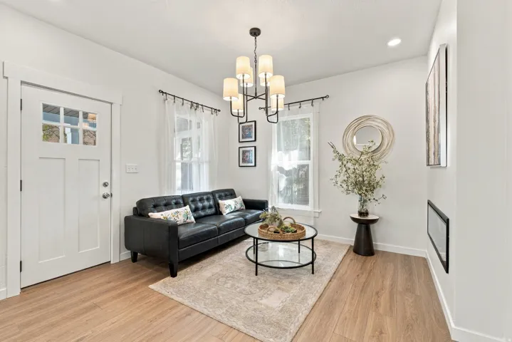 Wood-finish flooring throughout the space