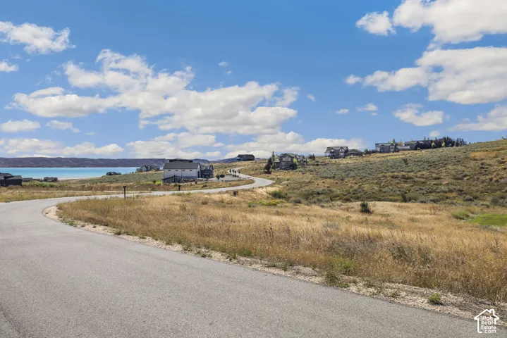 Paved road winding through a sloped, natural landscape with distant water