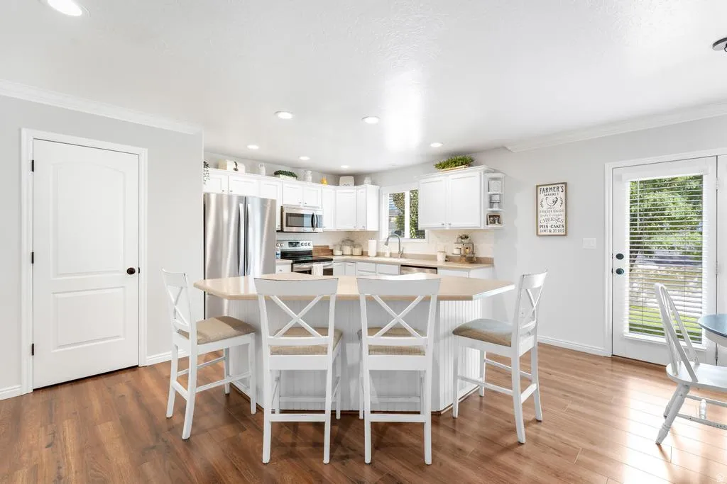 Kitchen featuring a large island with seating, white cabinetry, integrated stainless steel appliances, a tile backsplash, and wood-finish flooring