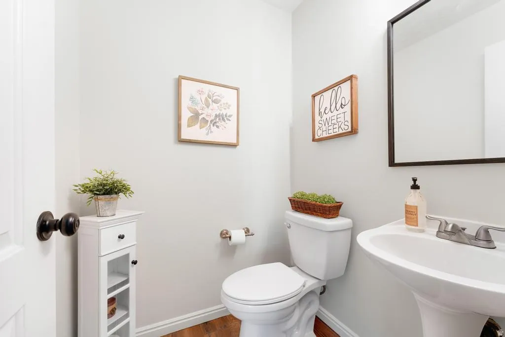Pedestal sink with chrome-finish faucet, wall-mounted rectangular mirror, and wood-finish flooring
