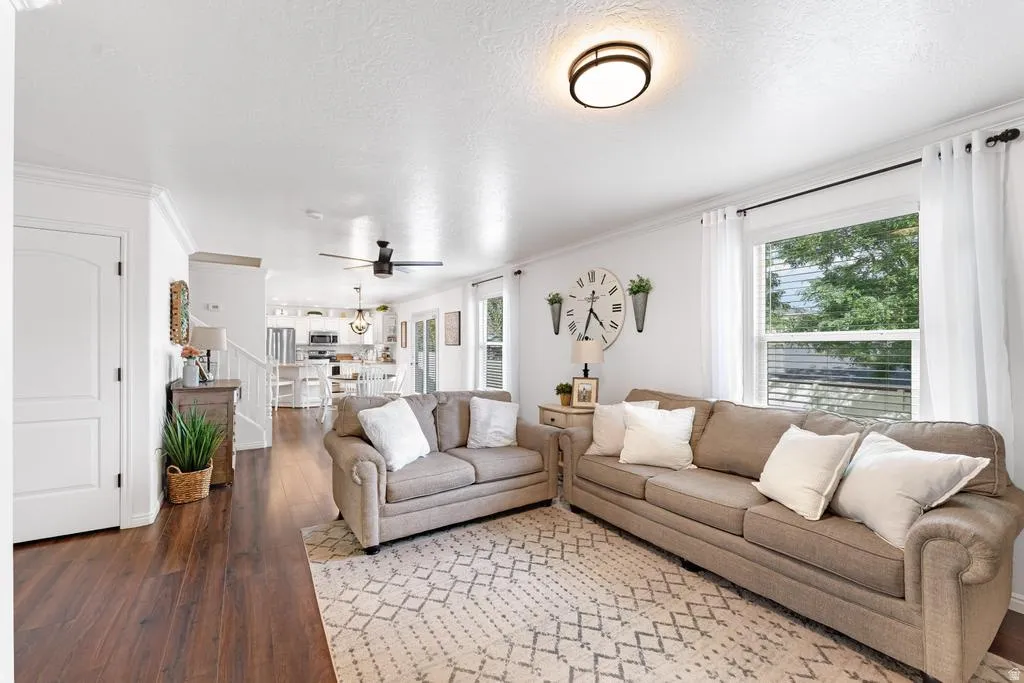Wood-finish flooring, white walls, and a contemporary ceiling light