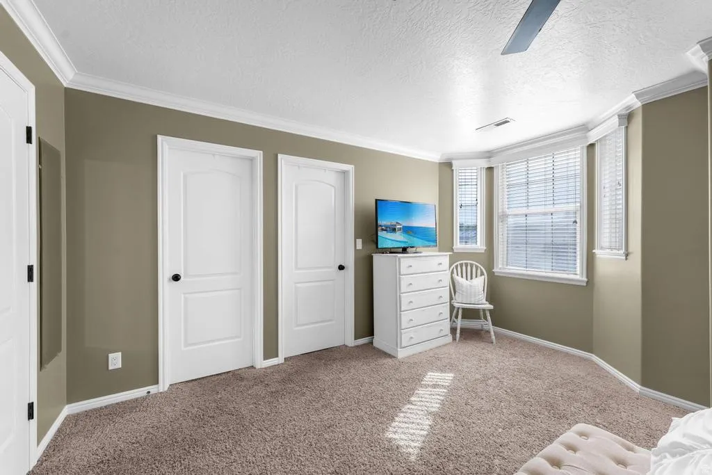 Recessed bay windows with blinds, crown molding, two panel interior doors with dark hardware, and a ceiling fan