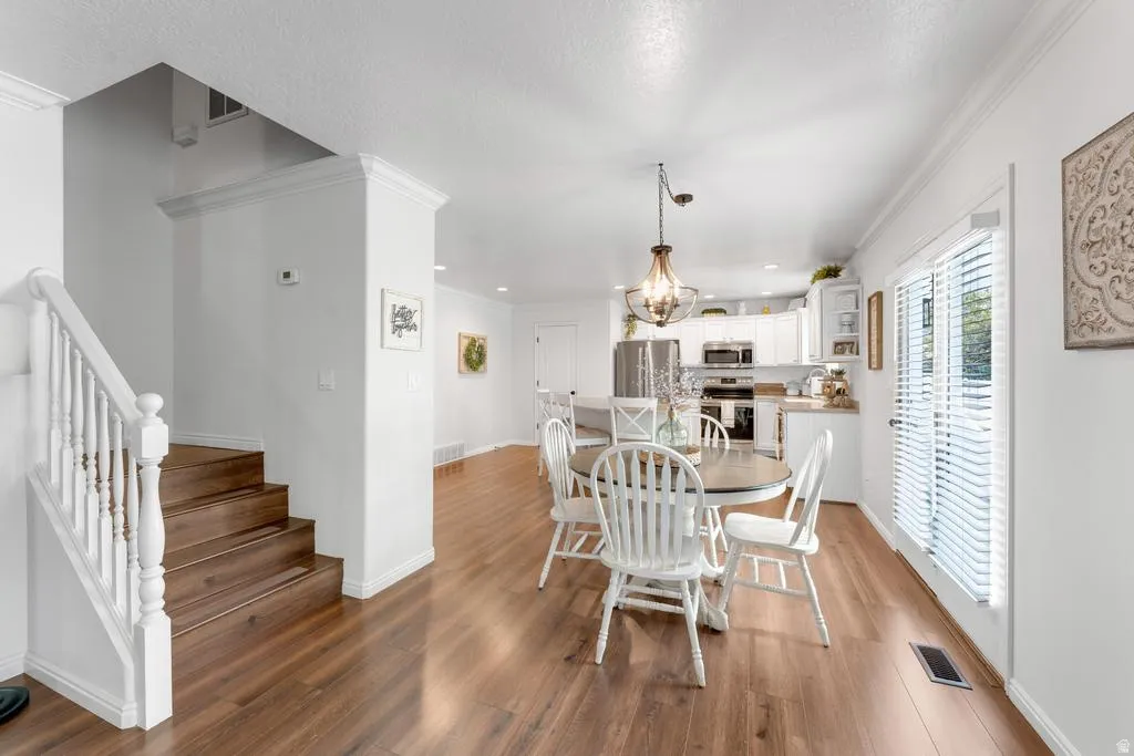 Wood-finish flooring throughout, white painted staircase with wood treads, white kitchen cabinetry, stainless steel appliances, and a glass-paneled door