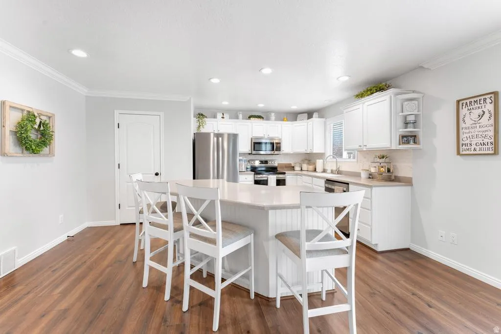 Kitchen featuring an expansive island with seating, white cabinetry, integrated stainless steel appliances, recessed lighting, and wood-finish flooring