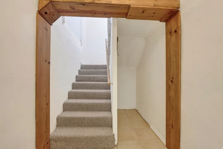 Carpeted staircase with wooden newel posts and a wooden door frame