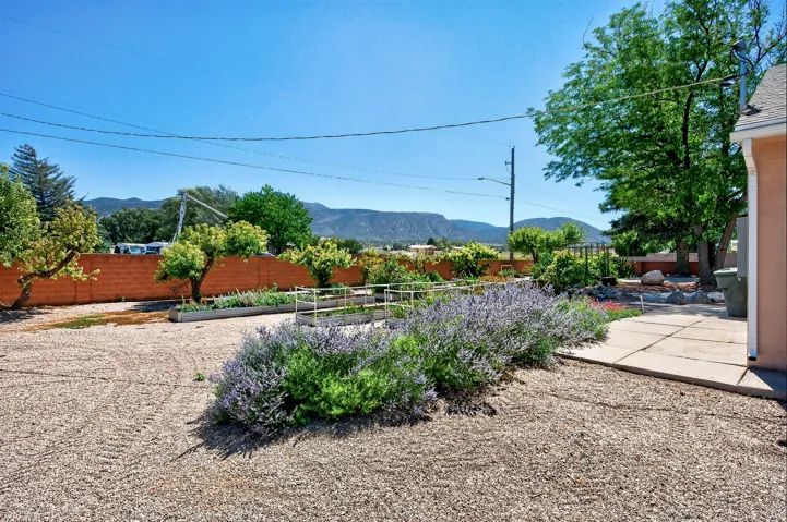 Expansive gravel yard featuring established landscaping, a concrete patio, and a privacy wall