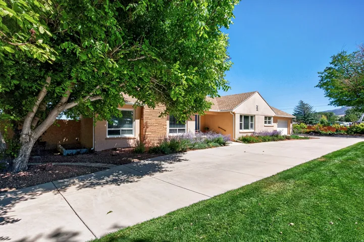 Expansive concrete driveway, mature landscaping, and an attached two-car garage