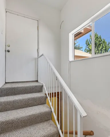 Carpeted staircase featuring a metal handrail and upper window