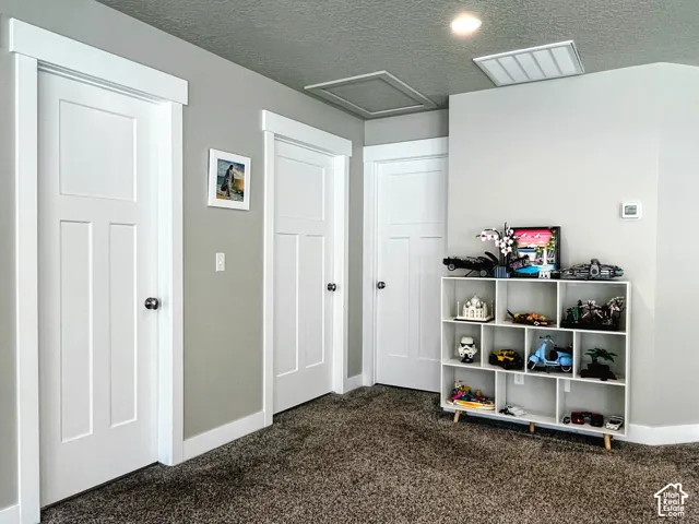 Textured carpet flooring, multiple panel doors with polished hardware, and recessed ceiling lighting