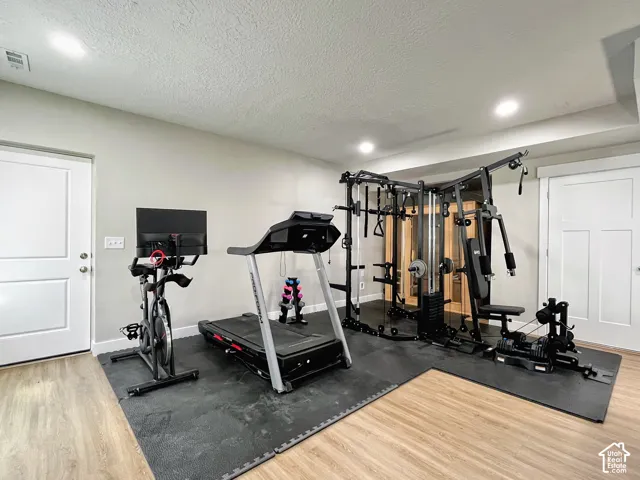 Recessed lighting, wood-finish flooring, light gray wall paint, and white paneled doors