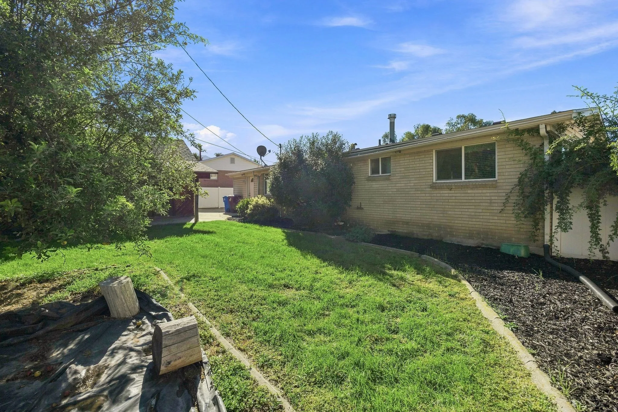 Expansive grassy lawn with established perimeter landscaping and mature trees
