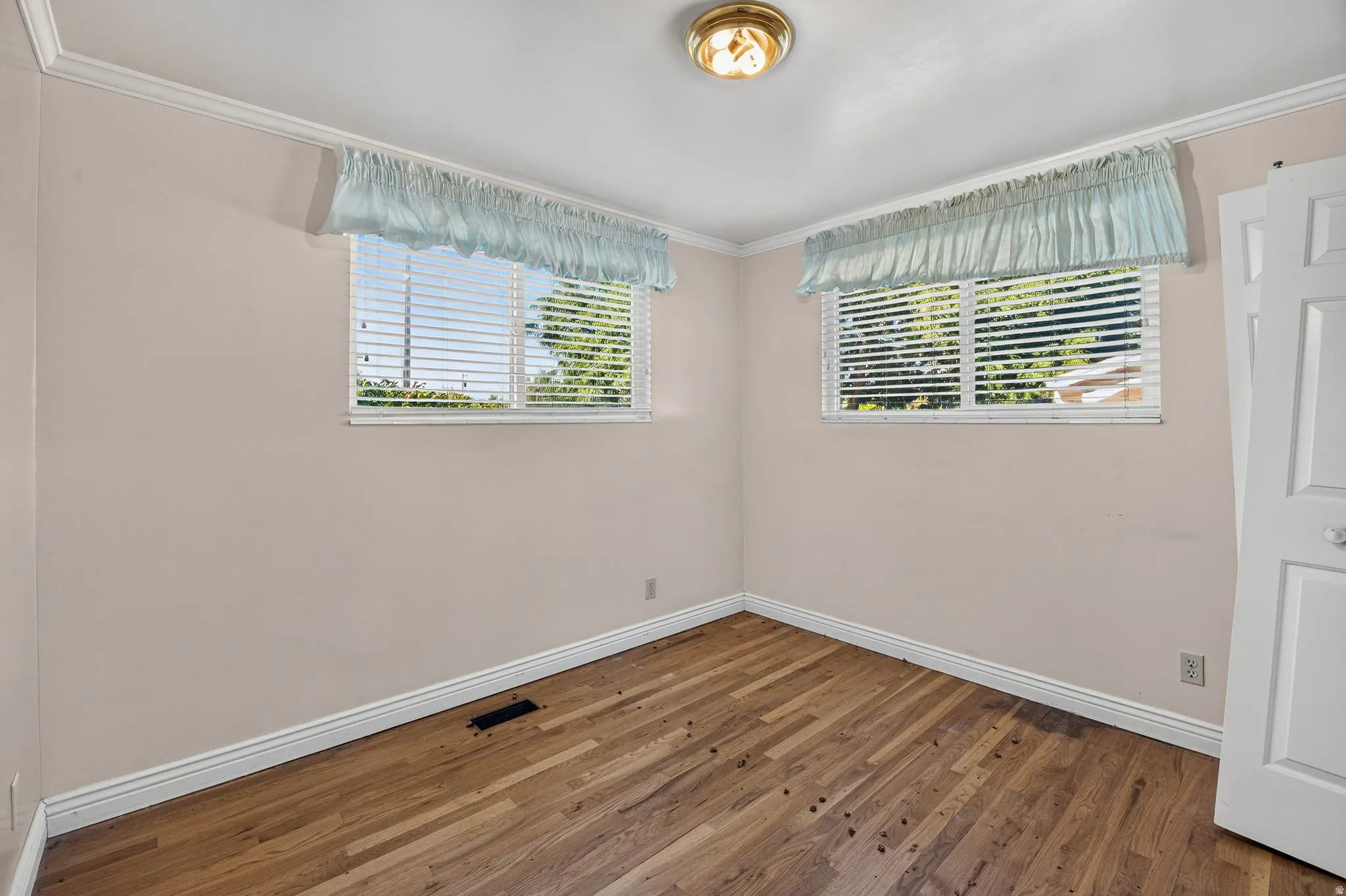 Hardwood flooring, two windows with horizontal blinds, crown molding, and a flush-mount ceiling light fixture