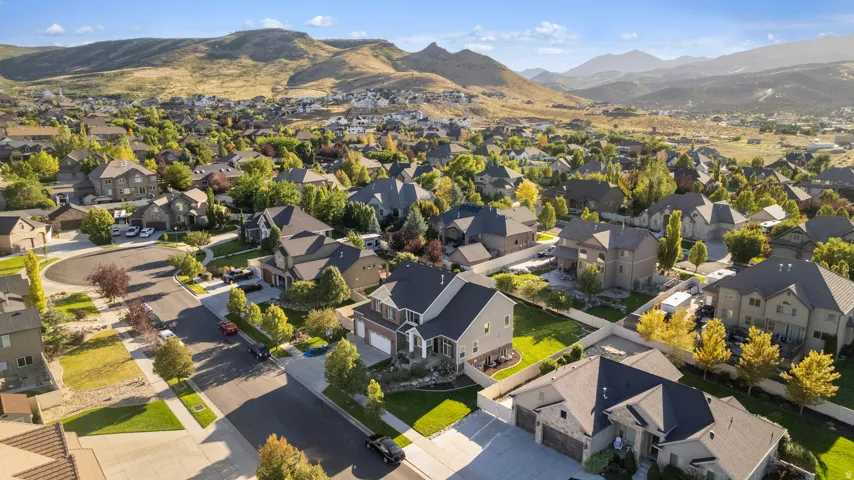 Residential neighborhood with mature trees and mountain scenery