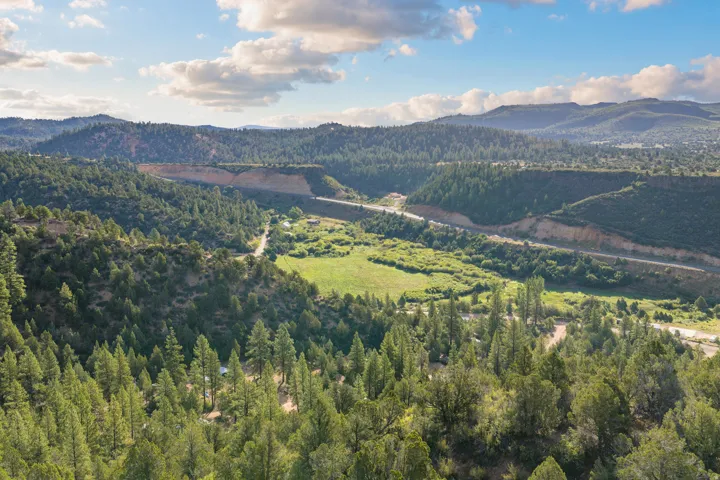 Expansive mountainous terrain with abundant evergreen trees