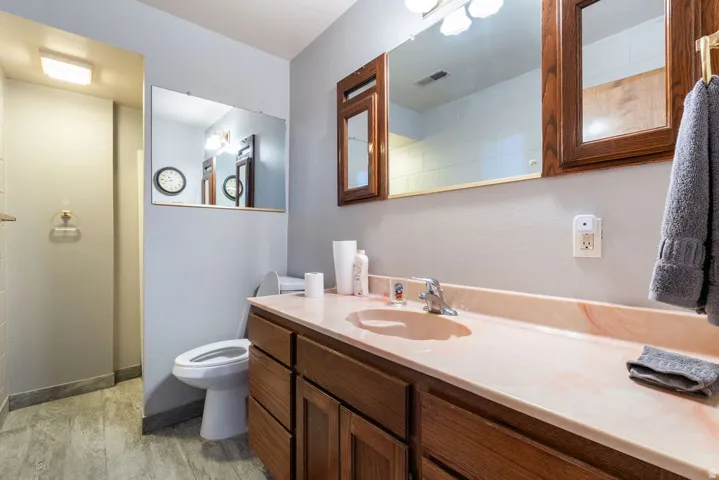 Wood-finish flooring, a vanity with a light-colored countertop, and a wall-mounted mirror