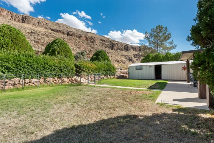 Expansive yard featuring a concrete patio, mature landscaping, and a detached storage structure