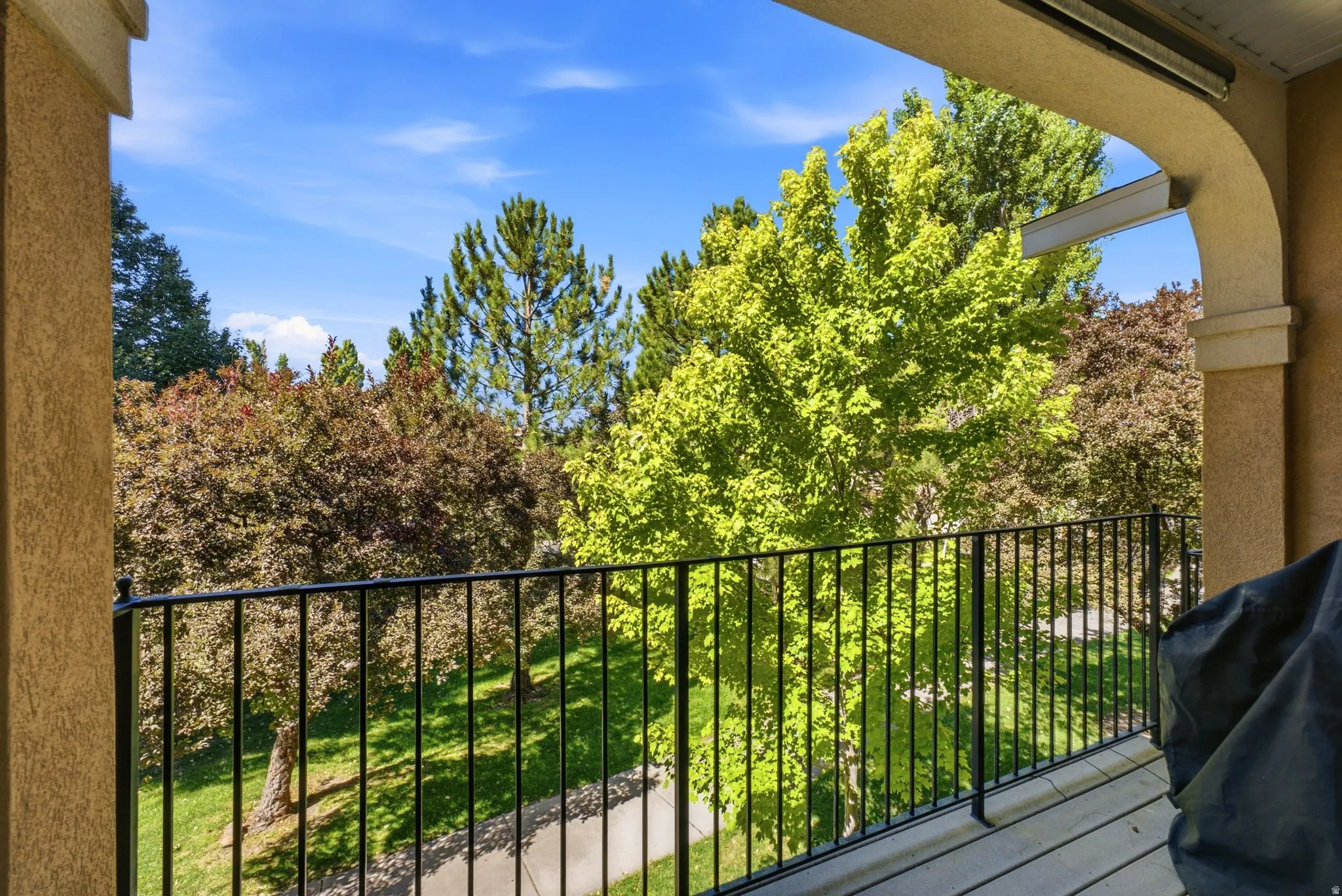 Private balcony with wood-finish flooring, black metal railing, and a stucco archway