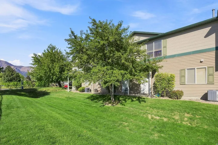 Spacious green lawn with mature trees and mountain scenery