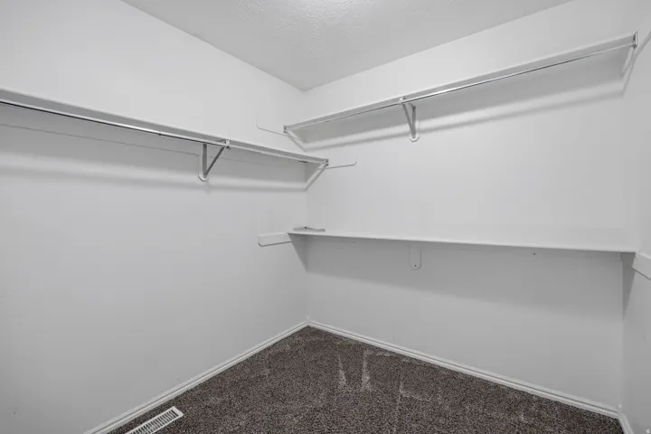 Walk-in closet featuring carpet flooring, built-in shelving, and clothes rods