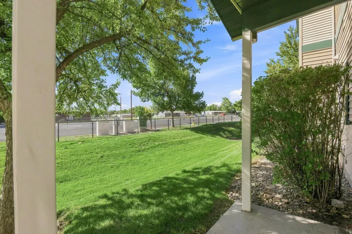 Manicured lawn with mature trees and established shrubbery, featuring a concrete patio and durable fencing