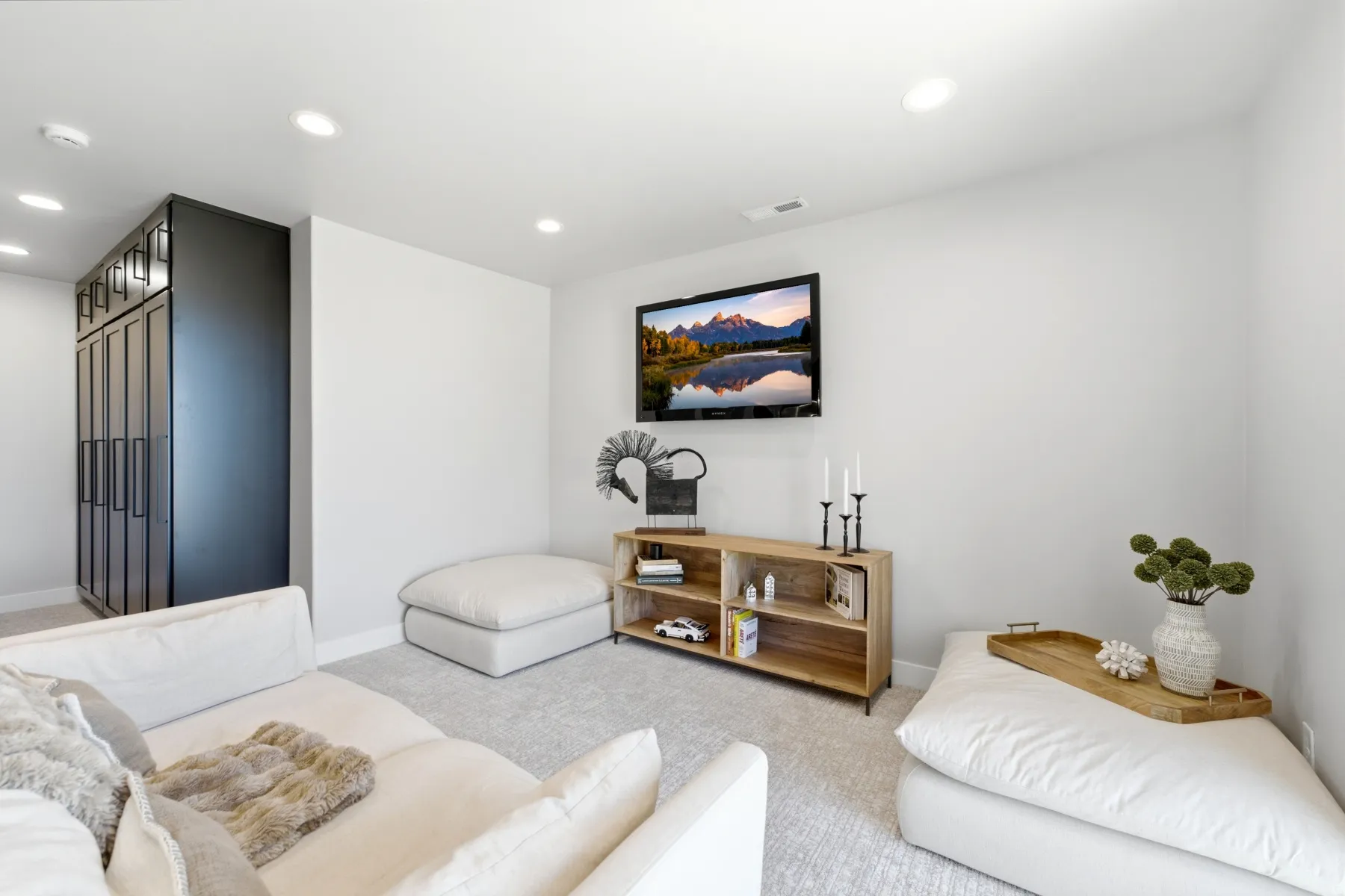 Recessed lighting, light gray carpet, and a built-in black storage unit with horizontal paneled doors