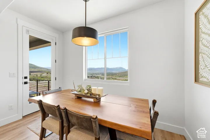 Light-filled dining area featuring wood-finish flooring, a contemporary pendant light fixture, and a glass-paned door leading to an outdoor space