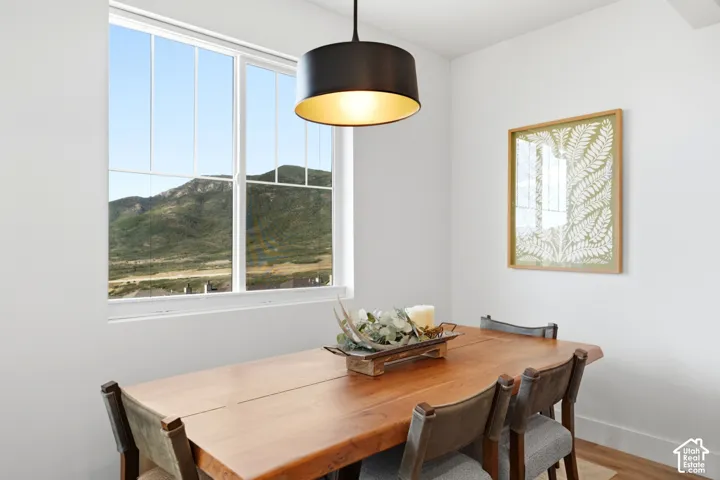 Large white-framed window, mountain scenery, black drum pendant light, and wood-finish flooring