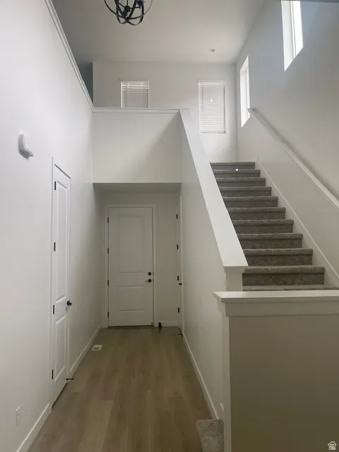 Two-story foyer featuring wood-finish flooring, a contemporary chandelier, a carpeted staircase, and multiple windows