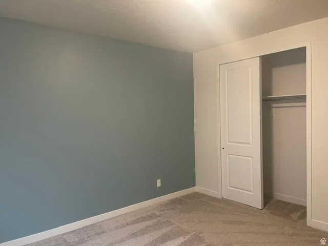 Textured carpeting with a neutral tone, painted accent wall, and bi-fold closet doors with a built-in rod and shelf