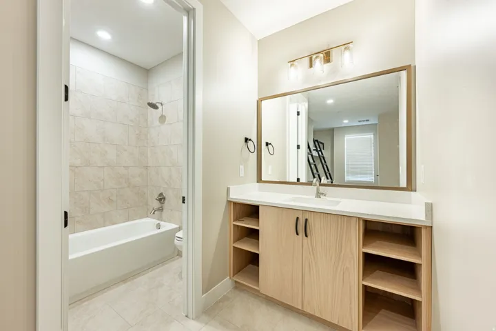 Bathroom featuring a vanity with wood-finish cabinetry, built-in open shelving, and a single basin