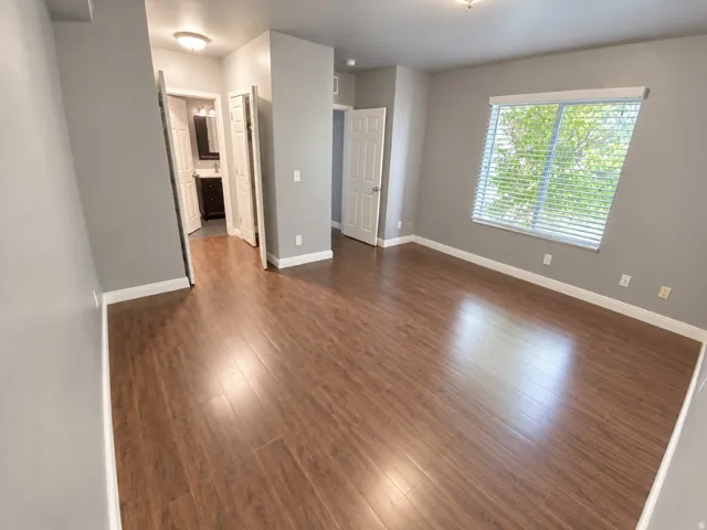 Wood-finish flooring throughout, light gray wall finishes, and a window with horizontal blinds