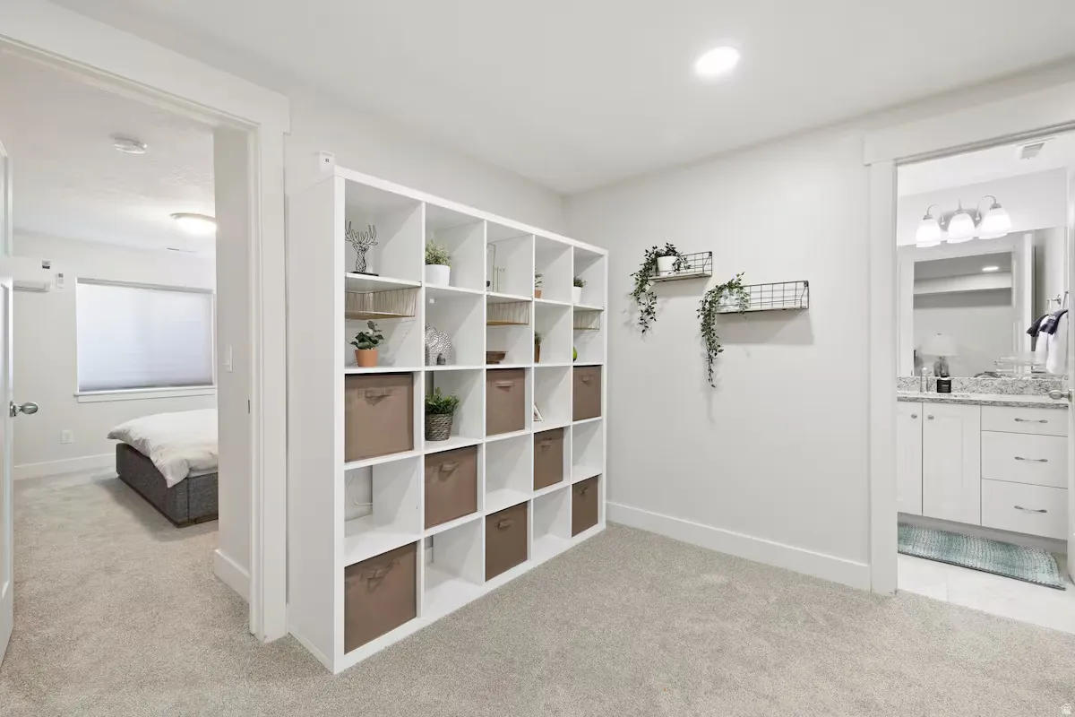 Built-in shelving unit providing storage and display space