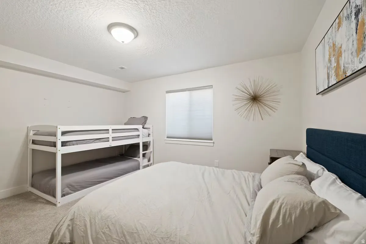 Recessed window with privacy blinds, textured carpet flooring, and overhead lighting