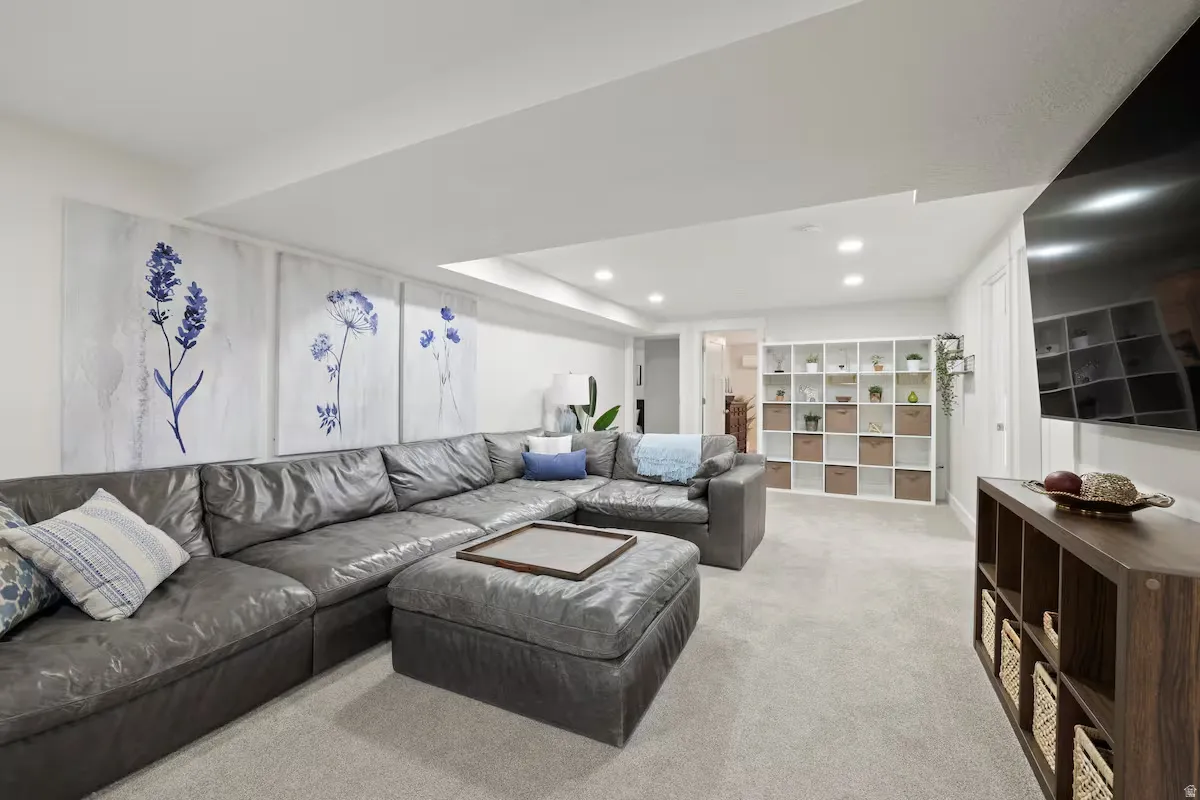 Recessed ceiling lighting, light-toned carpeting, white walls, built-in shelving, and a wall-mounted display