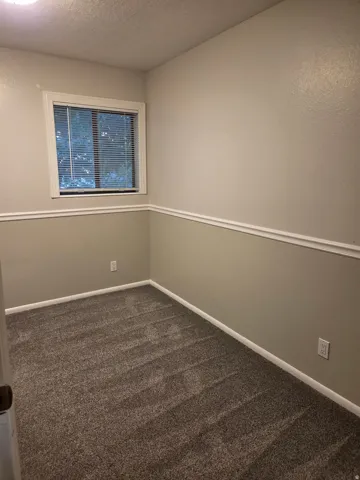 Window with blinds, wall-to-wall carpeting, two-tone painted walls, and decorative chair rail molding