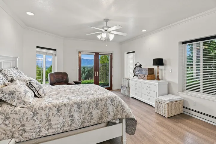 Recessed lighting, crown molding, wood-finish flooring, ceiling fan, and French doors