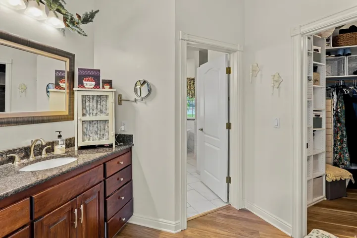 Wood-finish flooring, built-in vanity with a granite-style countertop, oval undermount sink, and brushed nickel faucet