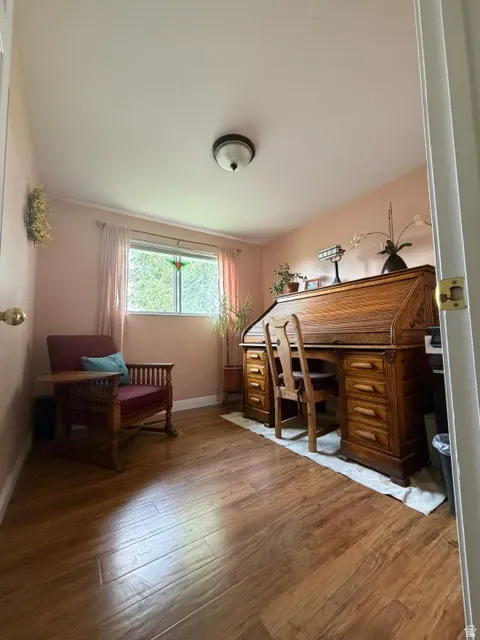 Wood-finish flooring with a flush-mount ceiling light fixture