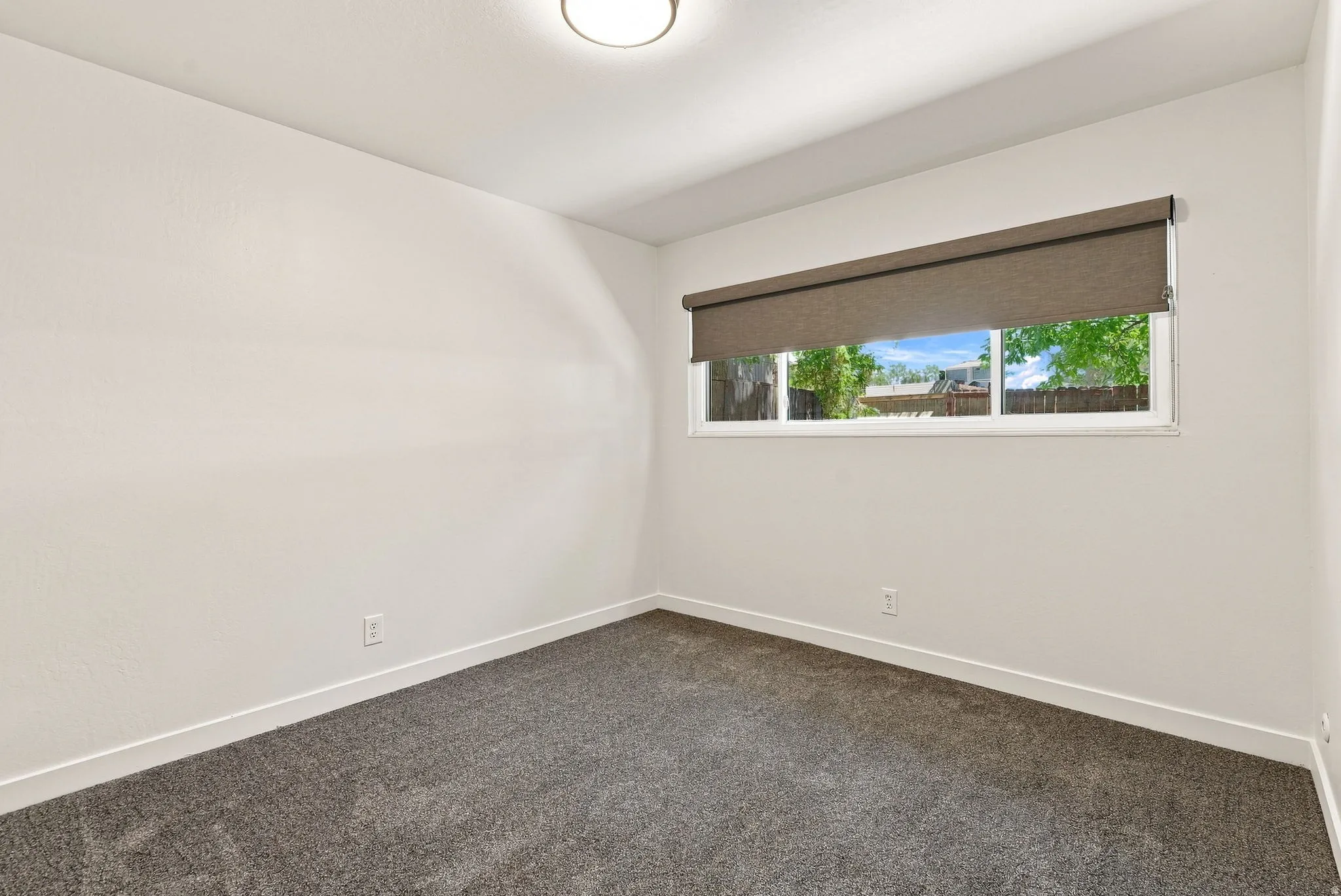Neutral gray carpeting with clean white trim, light-toned walls, and a window featuring a gray roller shade
