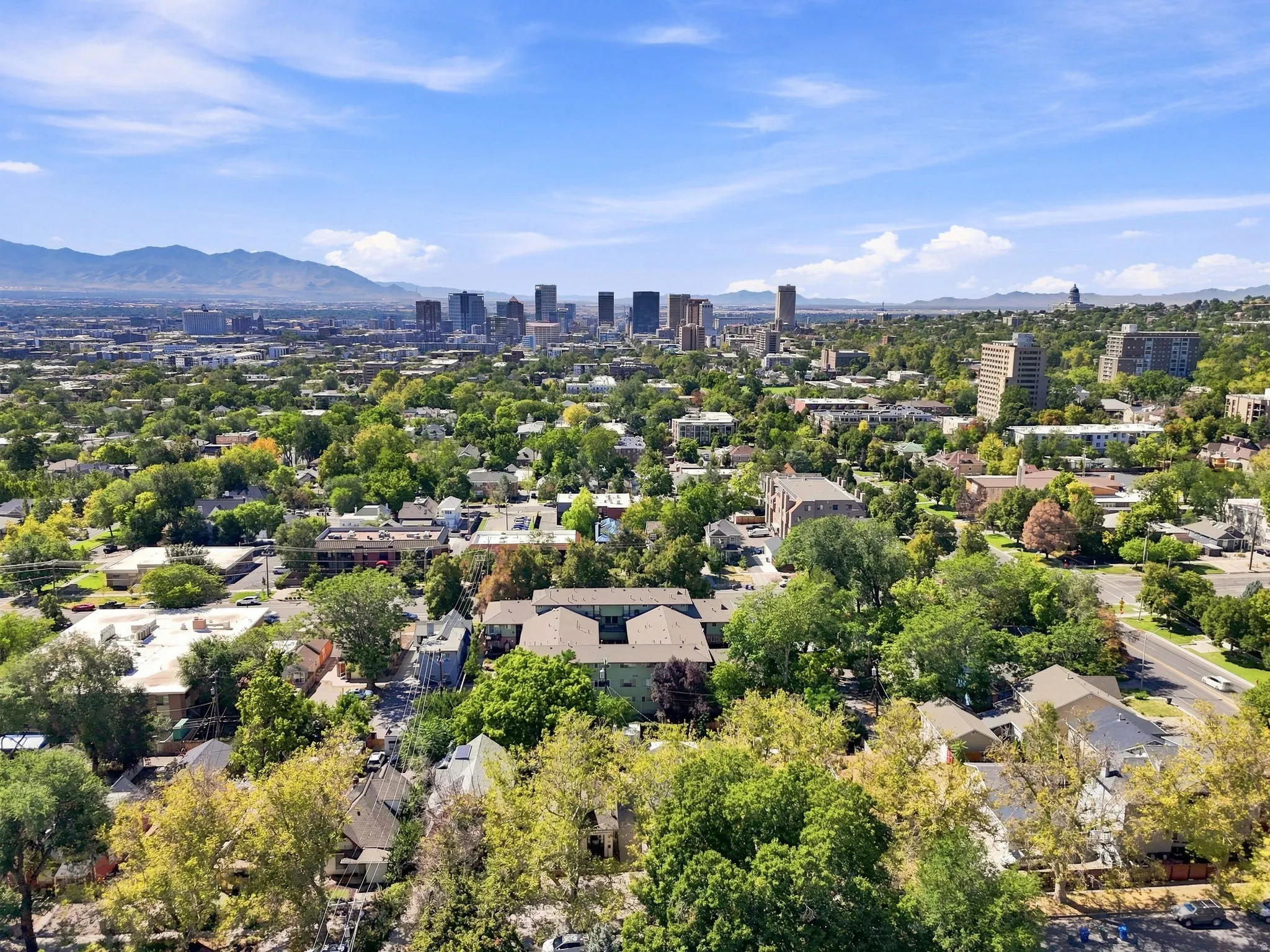 Expansive city skyline and distant mountain range backdrop