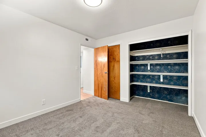 Neutral-toned carpeting, white walls, and a built-in closet with shelving and patterned backing